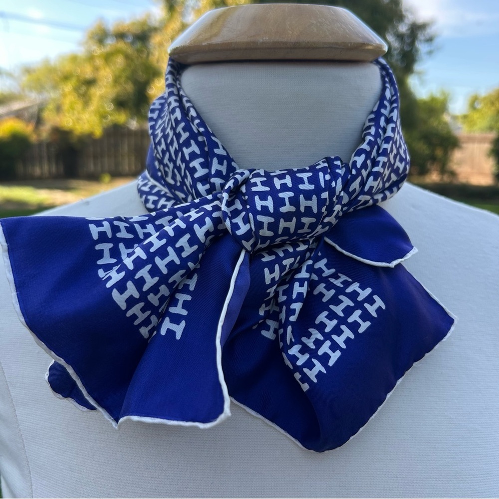 Vintage Iconic Halston Monogram Blue and White Silk Scarf
